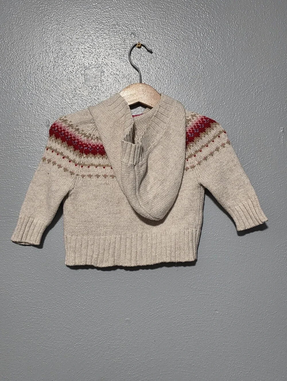 OSHKOSH Hooded Fair Isle Sweater Cardigan Baby 6 Mos Cream Red Wool Blend Y2K